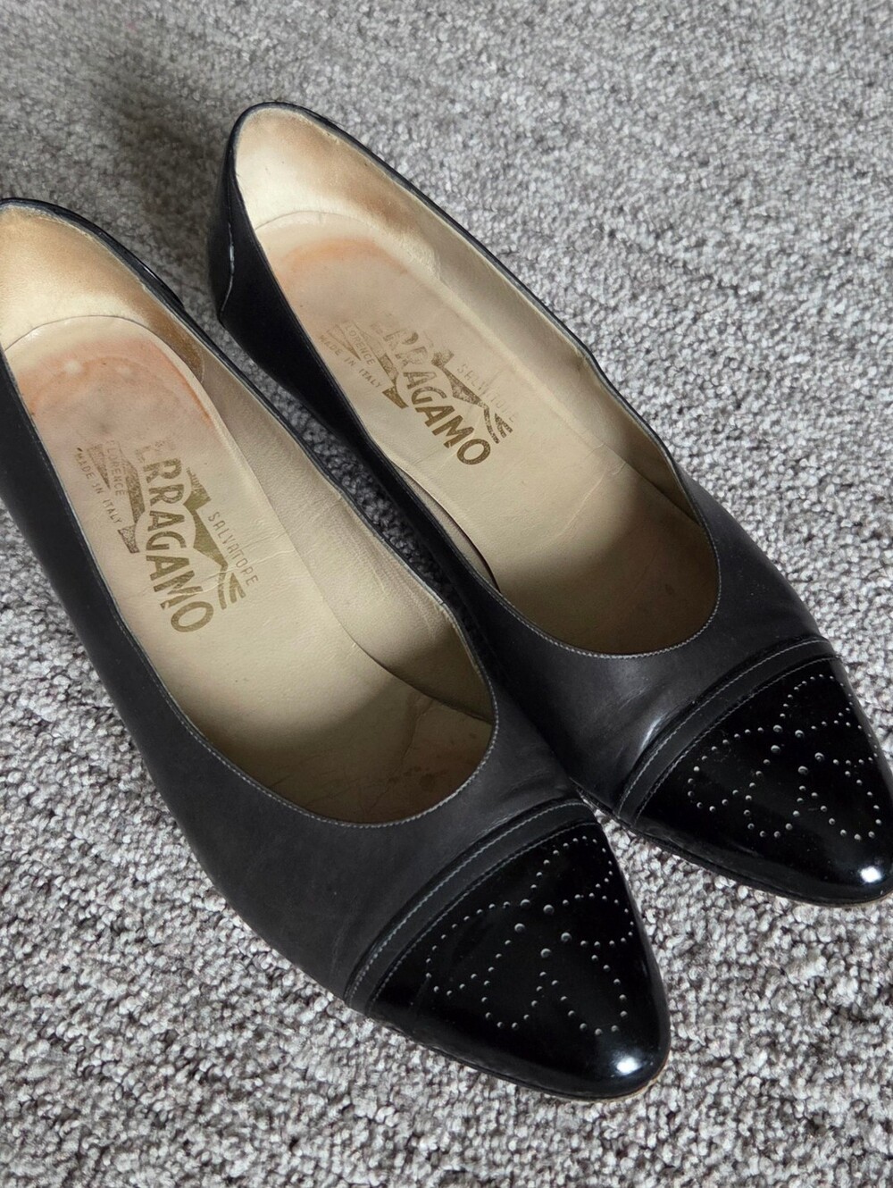 Salvatore Ferragamo Vintage Black Leather Pointed Perforated Patent Cap